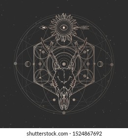 Vector illustration with hand drawn Roe deer skull and Sacred geometric symbol on black vintage background. Abstract mystic sign. Gold linear shape. For you design and magic craft.