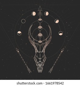 Vector illustration with hand drawn Roe deer skull and Sacred geometric symbol on black vintage background. Abstract mystic sign. Gold linear shape. For you design and magic craft.