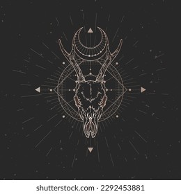 Vector illustration with hand drawn Roe deer skull and Sacred geometric symbol on black vintage background. Abstract mystic sign. Gold linear shape.