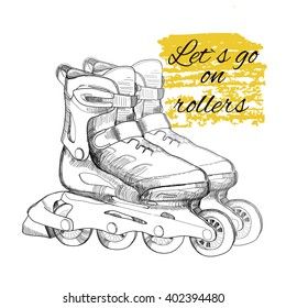 Vector illustration of hand drawn roller skate,roller blades. Graphic object for sport. Logo design, typographic background