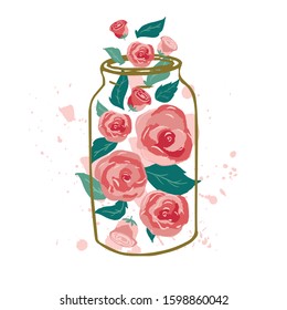 Vector illustration with hand drawn roses flowers in jar on textured brush strokes background, greeting card, poster, flyer, banner template for spring, valentines day, mothers day design