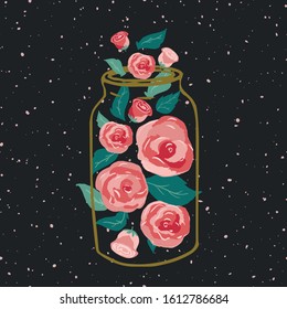 Vector illustration with hand drawn roses flowers in jar on textured brush strokes background, greeting card, poster, flyer, banner template for spring, valentines day, mothers day design