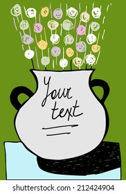 Vector illustration with hand drawn roses in vase. Postcard. For your text.
