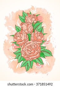 Vector illustration with hand drawn roses, leaves and decorative branches on a background with textured watercolor elements. In pink and green colors.