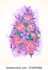 Vector illustration with hand drawn roses, flowers and leaves on a background with textured watercolor elements. In red and purple colors. Gradient used.