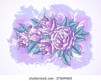 Vector illustration with hand drawn roses, leaves and decorative branches on a background with textured watercolor elements. In purple and blue colors. Gradient used.