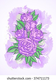 Vector illustration with hand drawn roses, leaves and decorative branches on a background with textured watercolor elements. In lilac and green colors.