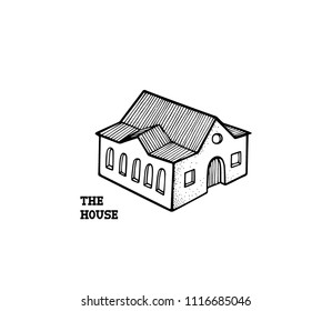 Vector illustration of hand drawn rural house. Beautiful design elements, ink drawing, logo template