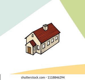 Vector illustration of hand drawn rural house. Beautiful design elements, ink drawing, logo template
