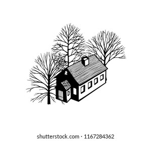 Vector illustration of hand drawn rural house and trees in graphic style. Beautiful design elements, ink drawing, logo template