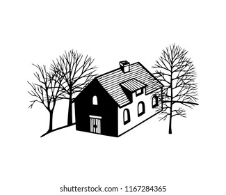 Vector illustration of hand drawn rural house and trees in graphic style. Beautiful design elements, ink drawing, logo template