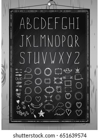 Vector illustration, hand drawn rustic font, chalkboard alphabet and set of hand drawn frames, dividers, borders decorative elements on wood background