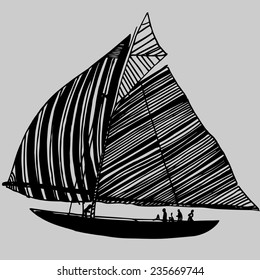 Vector illustration with hand drawn sail boat. Isolated.