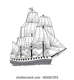 Vector Illustration of a Hand Drawn Sailing Ship 