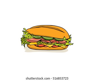 Vector illustration of hand drawn salami sandwich. Beautiful food design elements, perfect for any business related to the food industry.