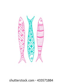 Vector illustration of hand drawn sardines. Advertising, menu or packaging cool design elements.