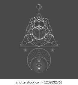 Vector illustration with hand drawn scarab and Sacred geometric symbol on black vintage background. Abstract mystic sign. White linear shape. For you design: tattoo, print, t-shirts, textiles and oth