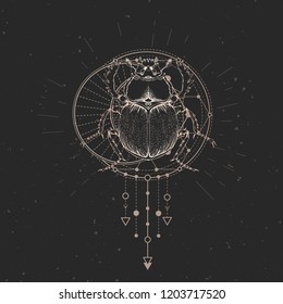 Vector illustration with hand drawn scarab and Sacred geometric symbol on black vintage background. Abstract mystic sign and insect. Gold linear shape. For design: tattoo, print, posters, t-shirts.