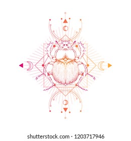 Vector illustration with hand drawn scarab and Sacred geometric symbol on white background. Abstract mystic sign. Colored linear shape. For you design: tattoo, print, posters, t-shirts, textiles.