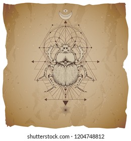 Vector illustration with hand drawn scarab and Sacred geometric symbol on vintage paper background with torn edges. Abstract mystic sign. Sepia linear shape. For you design: tattoo, print, posters.