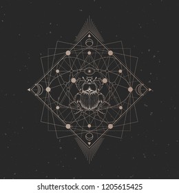 Vector illustration with hand drawn scarab and Sacred geometric symbol on black vintage background. Abstract mystic sign and insect. Gold linear shape. For you design: tattoo, print, t-shirts.