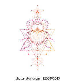 Vector illustration with hand drawn scarab and Sacred geometric symbol on white background and insect. Abstract mystic sign. Colored linear shape. For you design: tattoo, posters, t-shirts, textiles.