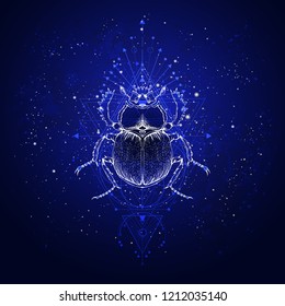 Vector illustration with hand drawn scarab and Sacred geometric symbol against the starry sky. Abstract mystic sign. Linear shape. For you design: tattoo, print, posters, t-shirts, textiles and other.