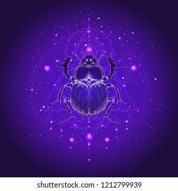 Vector illustration with hand drawn scarab and Sacred geometric symbol against the starry sky. Abstract mystic sign. Linear shape. For you design: tattoo, print, posters, t-shirts, textiles and other.