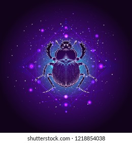 Vector illustration with hand drawn scarab and Sacred geometric symbol against the starry sky. Abstract mystic sign. Linear shape. For you design: tattoo, print, posters, t-shirts, textiles and other.