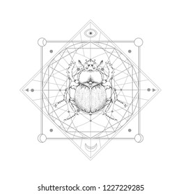 Vector illustration with hand drawn scarab and Sacred geometric symbol on white background. Abstract mystic sign. Black linear shape. For you design and magic craft.