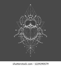Vector illustration with hand drawn scarab and Sacred geometric symbol on black vintage background. Abstract mystic sign. White linear shape. For you design: tattoo, print, posters, t-shirts, textiles