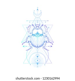 Vector illustration with hand drawn scarab and Sacred geometric symbol on white background. Abstract mystic sign and insect. Colored linear shape. For you design: tattoo, print, t-shirts, textiles.