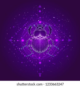 Vector illustration with hand drawn scarab and Sacred geometric symbol against the starry sky. Abstract mystic sign. Linear shape. For you design: tattoo, print, posters, t-shirts, textiles and other.