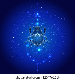 Vector illustration with hand drawn scarab and Sacred geometric symbol against the starry sky. Abstract mystic sign. Linear shape. For you design: tattoo, print, posters, t-shirts, textiles and other.