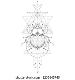 Vector illustration with hand drawn scarab and Sacred geometric symbol on white background. Abstract mystic sign. Black linear shape. For you design and magic craft.