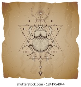 Vector illustration with hand drawn scarab and Sacred geometric symbol on vintage paper background with torn edges. Abstract mystic sign. Sepia linear shape. For you design.