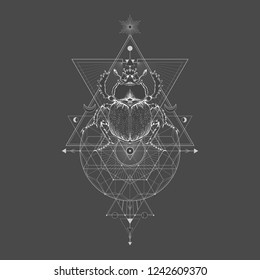 Vector illustration with hand drawn scarab and Sacred geometric symbol on black vintage background. Abstract mystic sign sign. White linear shape. For you design: tattoo, print, posters, t-shirts.