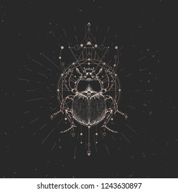 Vector illustration with hand drawn scarab and Sacred geometric symbol on black vintage background. Abstract mystic sign. Gold linear shape. For you design.