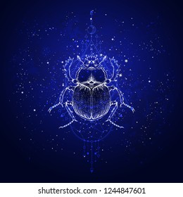 Vector illustration with hand drawn scarab and Sacred geometric symbol against the starry sky. Abstract mystic sign. Linear shape. For you design: tattoo, print, posters, t-shirts, textiles and other.