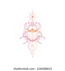 Vector illustration with hand drawn scarab and Sacred geometric symbol on white background. Abstract mystic sign. Colored linear shape. For you design: tattoo, print, posters, t-shirts, textiles.