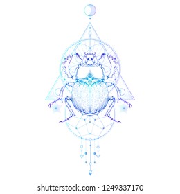 Vector illustration with hand drawn scarab and Sacred geometric symbol on white background. Abstract mystic sign. Colored linear shape. For you design: tattoo, print, posters, t-shirts, textiles.