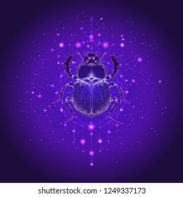 Vector illustration with hand drawn scarab and Sacred geometric symbol against the starry sky. Abstract mystic sign. Linear shape. For you design: tattoo, print, posters, t-shirts, textiles and other.