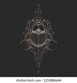 Vector illustration with hand drawn scarab and Sacred geometric symbol on black vintage background. Abstract mystic sign. Gold linear shape. For you design: tattoo, print, posters, t-shirts, textiles.
