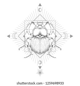 Vector illustration with hand drawn scarab and Sacred geometric symbol on white background. Abstract mystic sign. Black linear shape. For you design and magic craft.