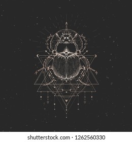 Vector illustration with hand drawn scarab and Sacred geometric symbol on black vintage background. Abstract mystic sign. Gold linear shape. For you design.