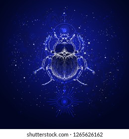 Vector illustration with hand drawn scarab and Sacred geometric symbol against the starry sky. Abstract mystic sign. Linear shape. For you design: tattoo, print, posters, t-shirts, textiles and other.