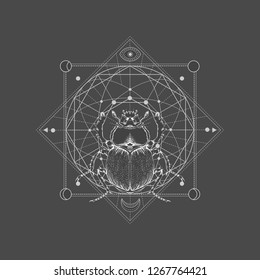 Vector illustration with hand drawn scarab and Sacred geometric symbol on black vintage background. Abstract mystic sign sign. White linear shape. For you design.
