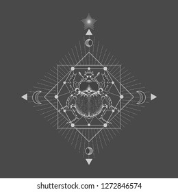 Vector illustration with hand drawn scarab and Sacred geometric symbol on black vintage background. Abstract mystic sign. White linear shape. For you design: tattoo, print, posters, t-shirts, textiles