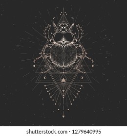 Vector illustration with hand drawn scarab and Sacred geometric symbol on black vintage background and insect. Abstract mystic sign. Gold linear shape. For you design and other.