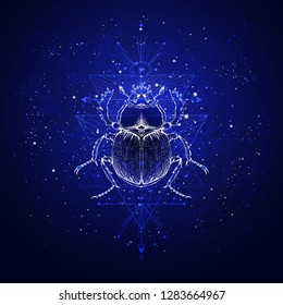 Vector illustration with hand drawn scarab and Sacred geometric symbol against the starry sky. Abstract mystic sign. Linear shape. For you design: tattoo, print, posters, t-shirts, textiles and other.